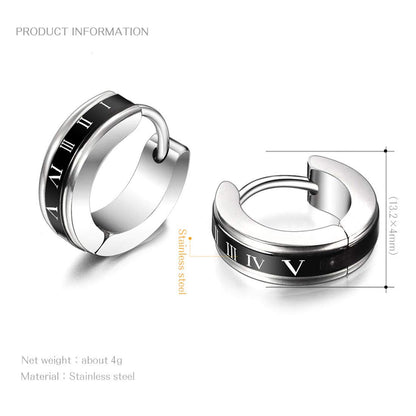 Rockyu メンズフープピアス – ステンレス製 ローマ数字＆ギリシャ風刻印 両耳セット
