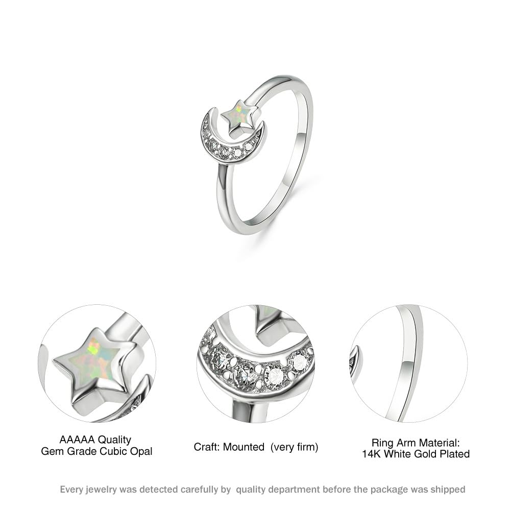 Rockyu 月と星のリング｜オパール風×ジルコニア フリーサイズ プラチナ仕上げ