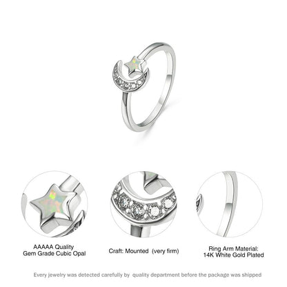 Rockyu 月と星のリング｜オパール風×ジルコニア フリーサイズ プラチナ仕上げ