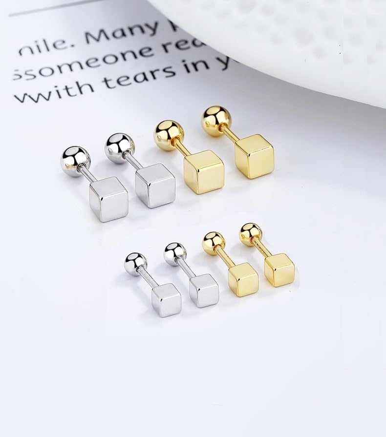 Rockyu シルバー925 キューブスクエア スタッドピアス スクリューバック