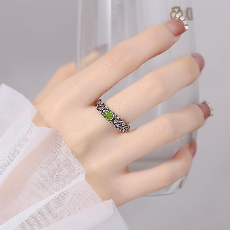 Rockyu ペアリング シルバー925 瓢箪モチーフ 唐草透かし彫りリング 赤/緑 男女兼用 フリーサイズ結婚指輪