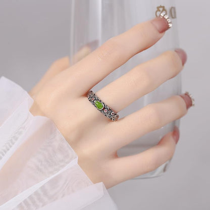 Rockyu ペアリング シルバー925 瓢箪モチーフ 唐草透かし彫りリング 赤/緑 男女兼用 フリーサイズ結婚指輪