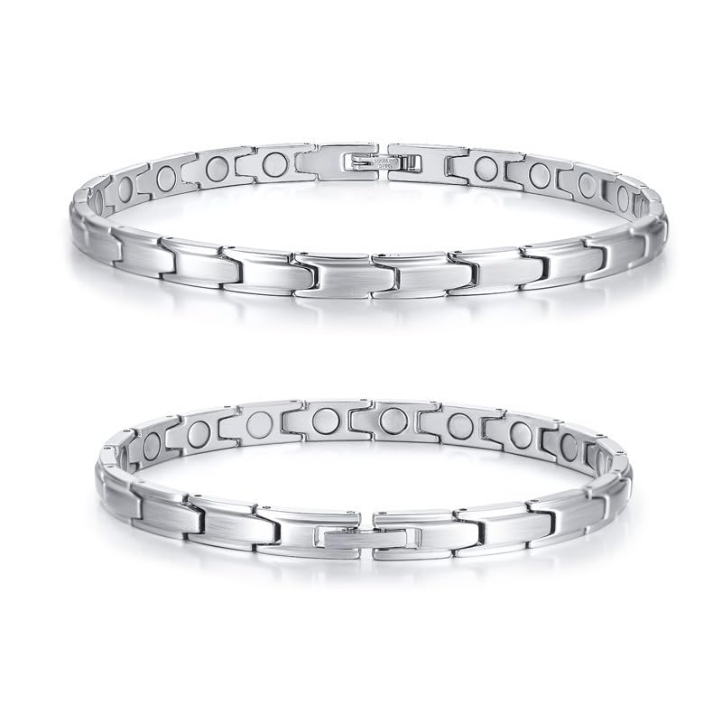 Rockyu ステンレス磁気ブレスレット＆アンクレット ペア対応 シルバーマット仕上げ