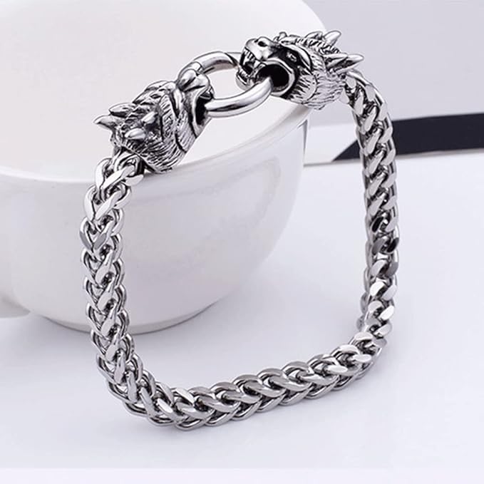 Rockyu ブレスレット メンズ ドラゴンモチーフ 二層チェーン シルバー ステンレス製