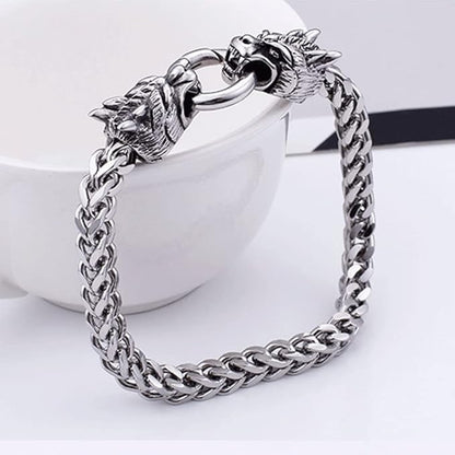 Rockyu ブレスレット メンズ ドラゴンモチーフ 二層チェーン シルバー ステンレス製