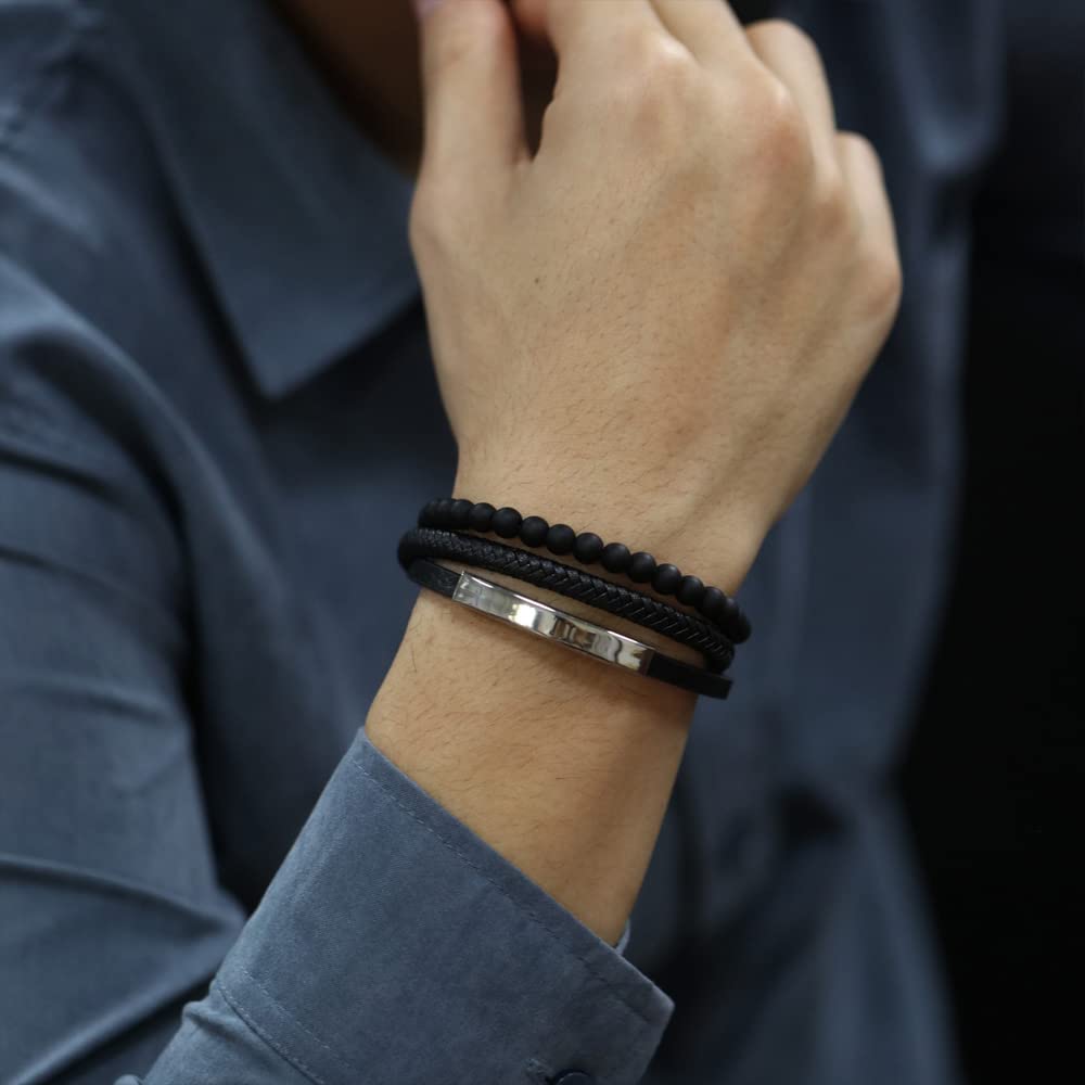 Rockyu ブレスレット メンズ 3連 数珠×レザー ゴールド/シルバー/ブラック ステンレス製 ギフトボックス付き