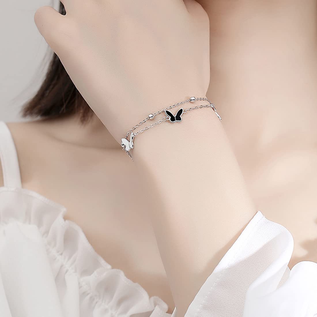 Rockyu ブレスレット レディース ピンクゴールド 18k エナメル 蝶々 バタフライブレスレット 二連チェーン 昆虫モチーフ誕生日 記念日 おしゃれ アクセサリー