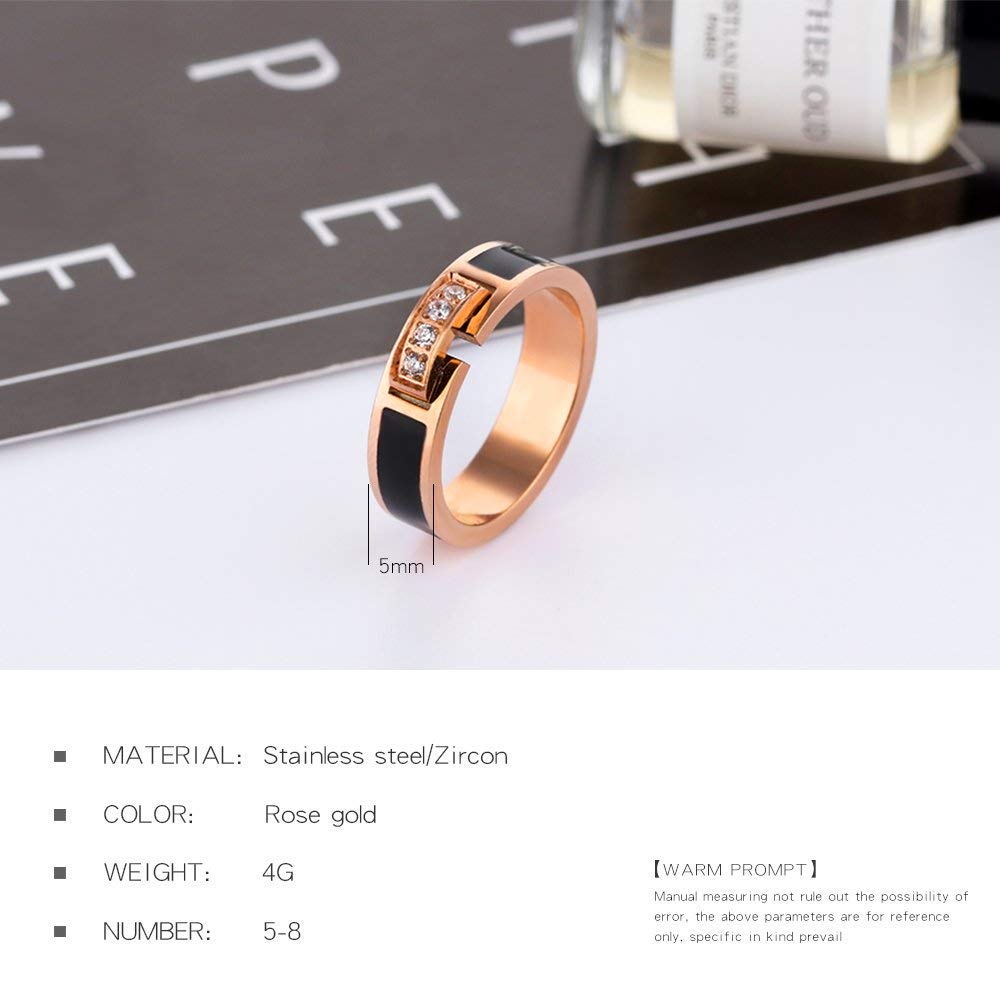 Rockyu ステンレスリング レディース ピンクゴールド ジルコニア×ブラック 5mm幅 指輪