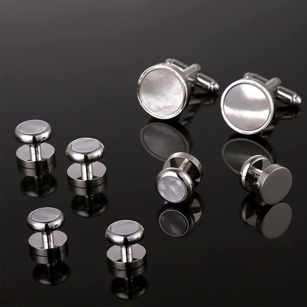 Rockyu カフス＆スタッドセット 白蝶貝デザイン ラウンド型 シルバー仕上げ フォーマルアクセサリー