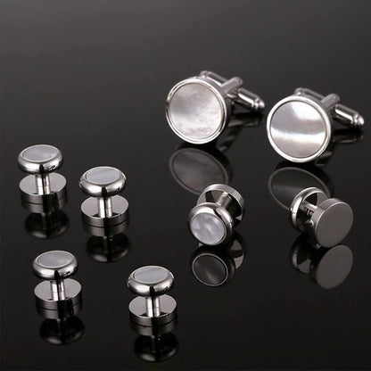 Rockyu カフス＆スタッドセット 白蝶貝デザイン ラウンド型 シルバー仕上げ フォーマルアクセサリー