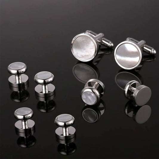 Rockyu カフス＆スタッドセット 白蝶貝デザイン ラウンド型 シルバー仕上げ フォーマルアクセサリー