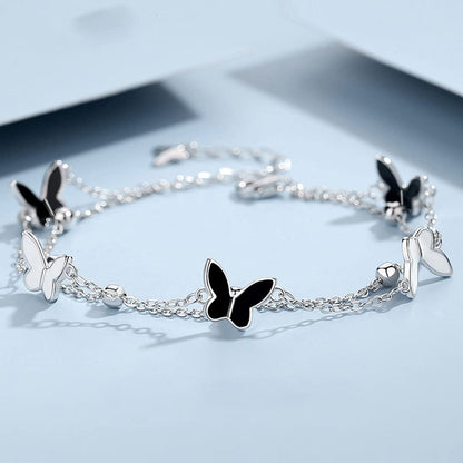 Rockyu ブレスレット レディース ピンクゴールド 18k エナメル 蝶々 バタフライブレスレット 二連チェーン 昆虫モチーフ誕生日 記念日 おしゃれ アクセサリー