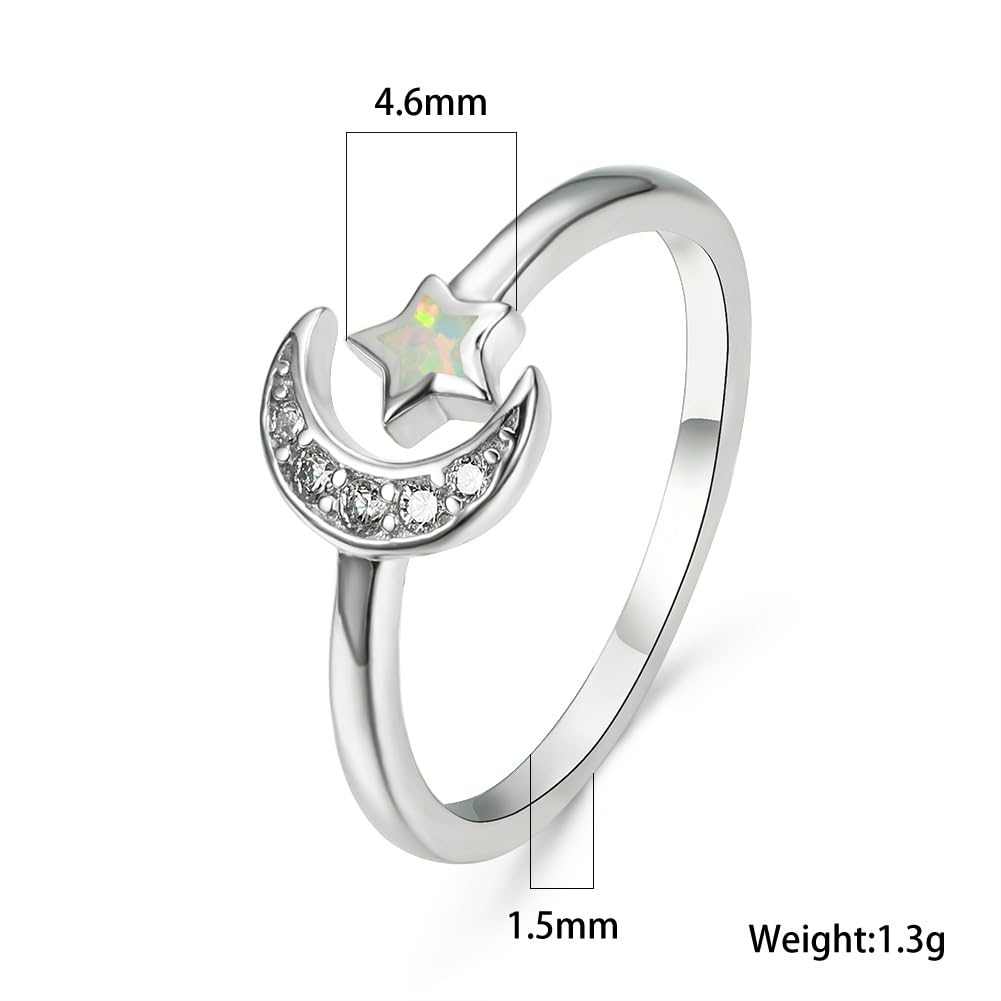 Rockyu 月と星のリング｜オパール風×ジルコニア フリーサイズ プラチナ仕上げ