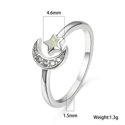 Rockyu 月と星のリング｜オパール風×ジルコニア フリーサイズ プラチナ仕上げ