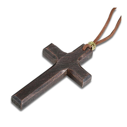 Rockyu ネックレス メンズ 木製 クロス チャーム 十字架 ロング紐 カジュアル 立体デザイン