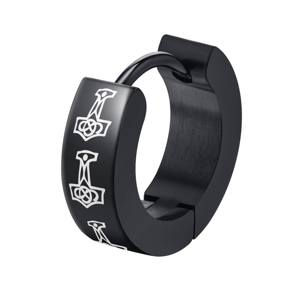 Rockyu ステンレス製 ブラックコーティング柄入りフープピアス メンズ 片耳用