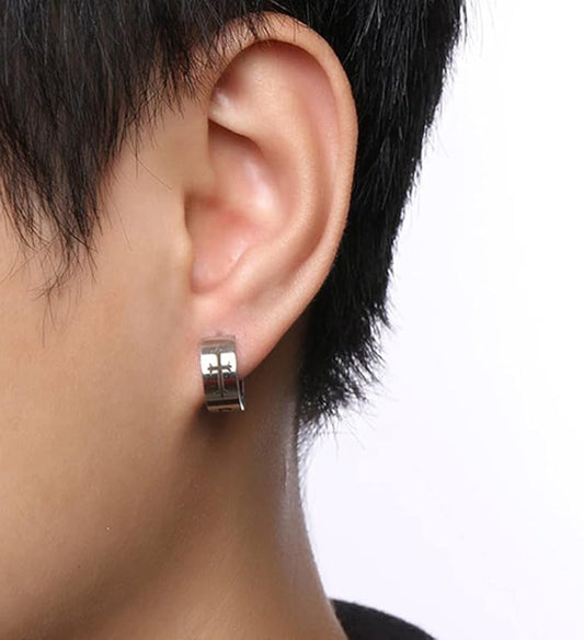 Rockyu ピアス メンズ フープ ステンレス シルバー クロスデザイン アレルギー対応 フェイクピアス 男女兼用