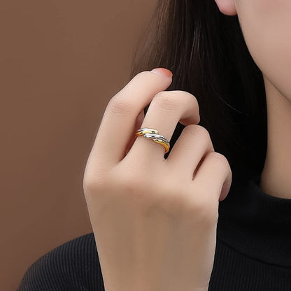 Rockyu レディースリング フリーサイズ ダブルライン風 シルバー＆ゴールド 幾何学デザイン指輪