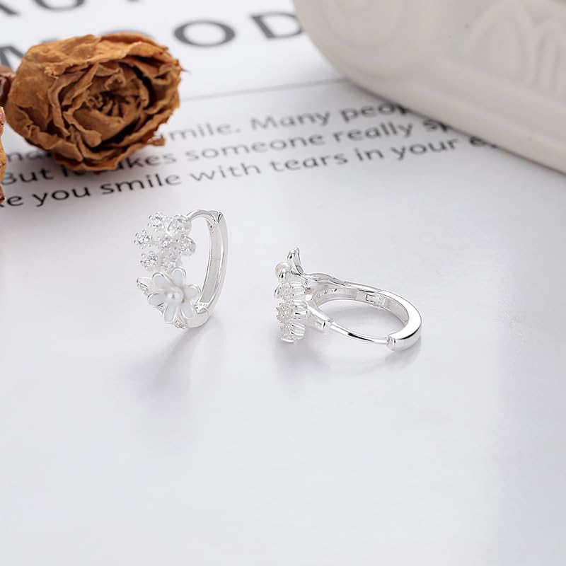 Rockyu S925シルバー 雛菊＆雪の結晶デザイン フープピアス レディース