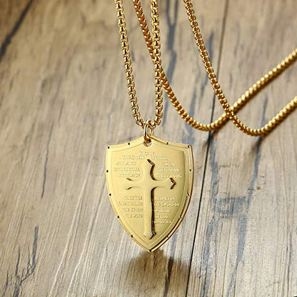 Rockyu シールドクロス ネックレス メンズ ステンレス 経文刻印 十字架ペンダント