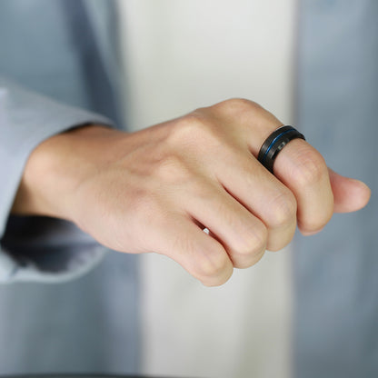 Rockyu タングステンリング メンズ ブラック×ブルー 8mm幅 マット仕上げ