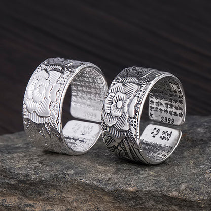 Rockyu 蓮モチーフリング メンズ レディース フリーサイズ 仏教経文刻印 シルバーメッキ