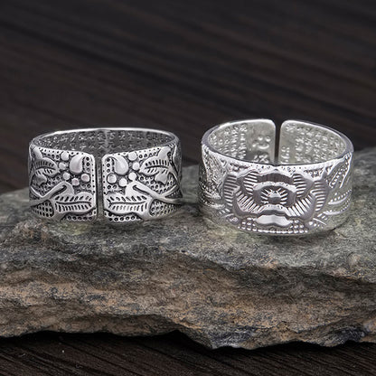 Rockyu 蓮モチーフリング メンズ レディース フリーサイズ 仏教経文刻印 シルバーメッキ