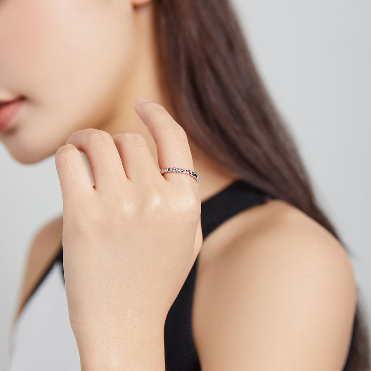 Rockyu レディース シルバー925 カラーCZダイヤリング 細身 ピンキーリング 2色展開