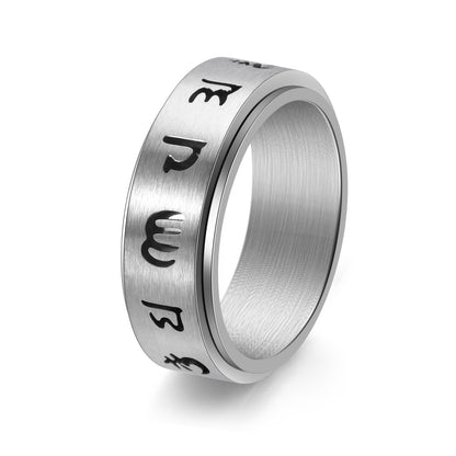 Rockyu メンズ ステンレススピナーリング 六字真言デザイン 8mm幅 3色展開