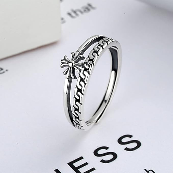 Rockyu シルバー925 レディースリング｜クロス＆チェーン風デザイン 二連風フリーサイズリング