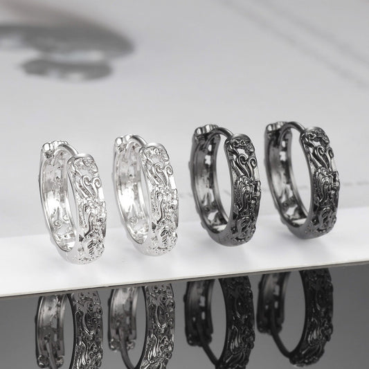 Rockyu メンズリングピアス 貔貅モチーフ 透かし彫り シルバー925 アレルギー対応 神秘的デザインアクセサリー