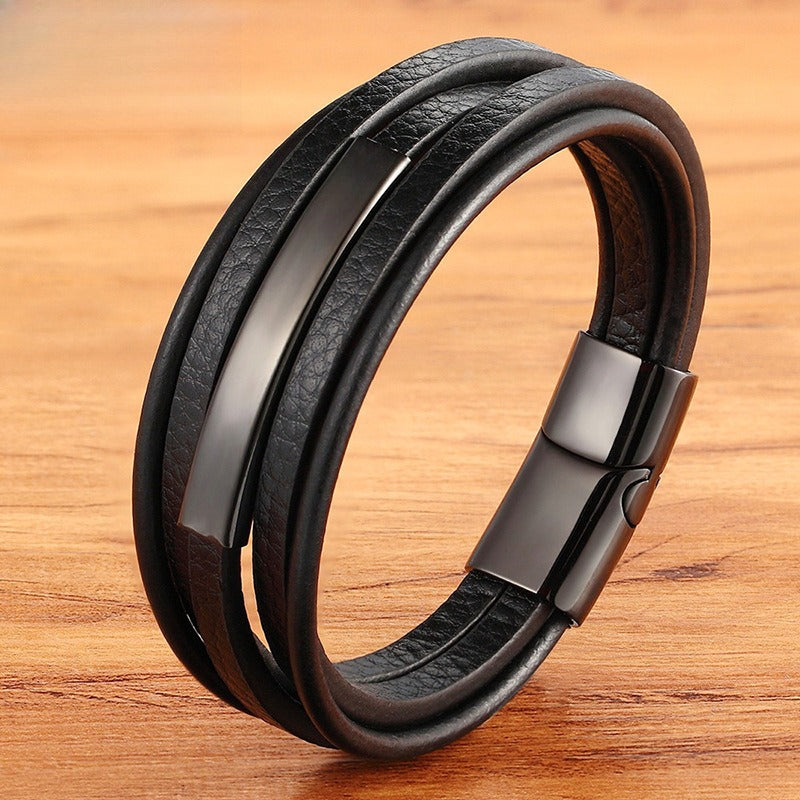 Rockyu ブレスレット メンズ ブラック レザー 多連 ステンレスプレート 金属アレルギー対応