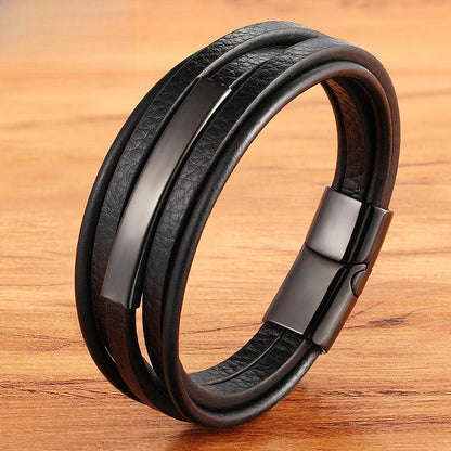 Rockyu ブレスレット メンズ ブラック レザー 多連 ステンレスプレート 金属アレルギー対応