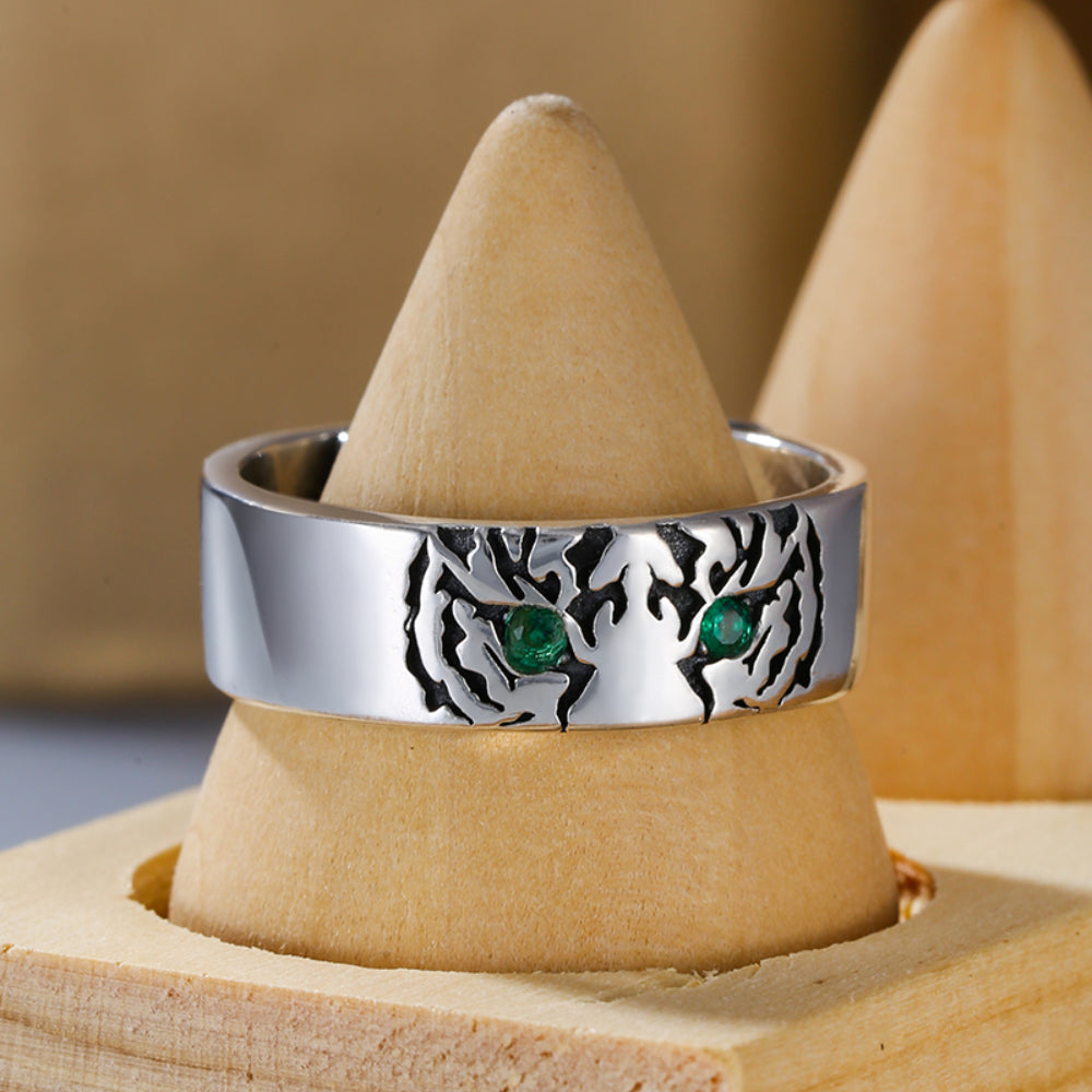 Rockyu タイガーリング メンズ レディース シルバー925 フリーサイズ グリーンストーン 金属アレルギー対応