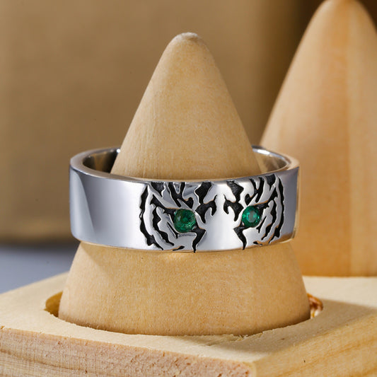 Rockyu タイガーリング メンズ レディース シルバー925 フリーサイズ グリーンストーン 金属アレルギー対応