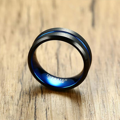 Rockyu タングステンリング メンズ ブラック×ブルー 8mm幅 マット仕上げ