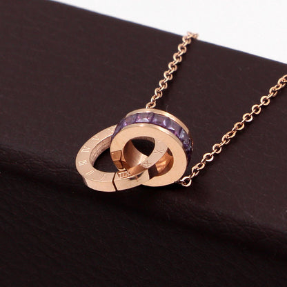 Rockyu 2連リングネックレス レディース チタン製 ピンクゴールド CZストーン 金属アレルギー対応