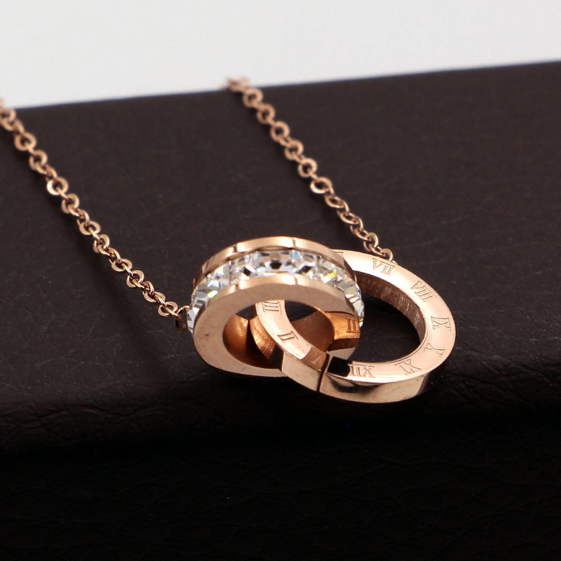 Rockyu 2連リングネックレス レディース チタン製 ピンクゴールド CZストーン 金属アレルギー対応