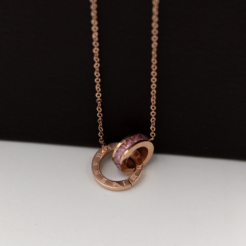 Rockyu 2連リングネックレス レディース チタン製 ピンクゴールド CZストーン 金属アレルギー対応