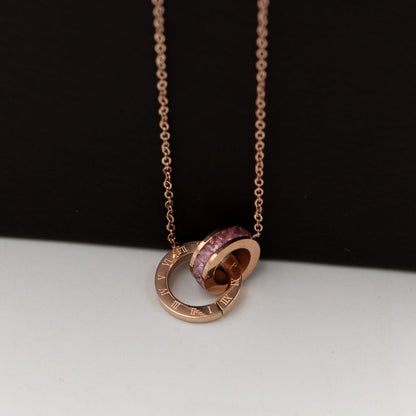 Rockyu 2連リングネックレス レディース チタン製 ピンクゴールド CZストーン 金属アレルギー対応