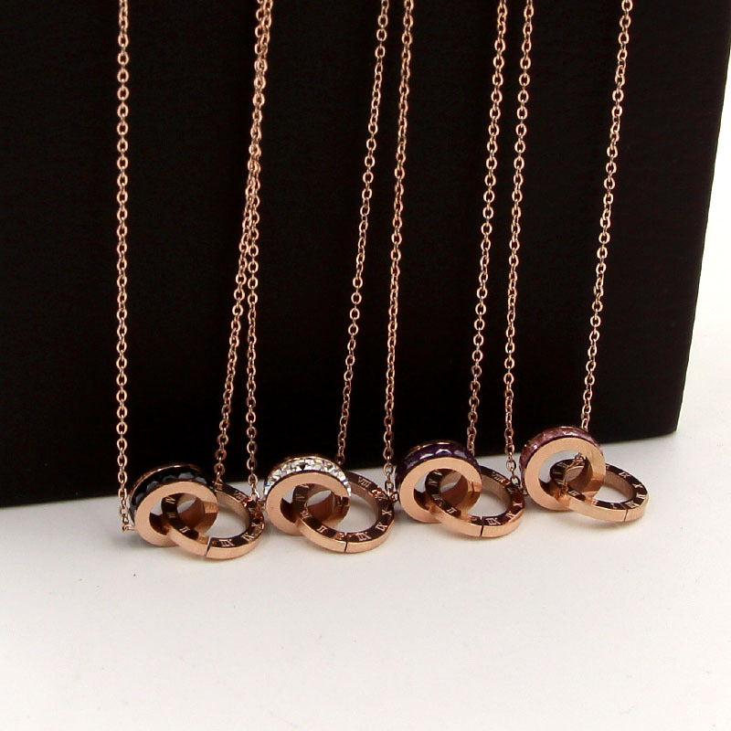 Rockyu 2連リングネックレス レディース チタン製 ピンクゴールド CZストーン 金属アレルギー対応