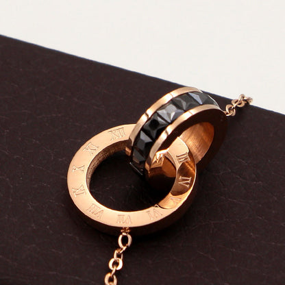 Rockyu 2連リングネックレス レディース チタン製 ピンクゴールド CZストーン 金属アレルギー対応