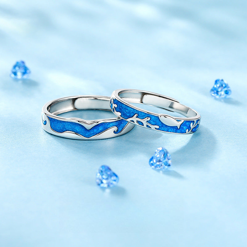 Rockyu ペアリング シルバー925 波と珊瑚デザイン フリーサイズ カップル指輪