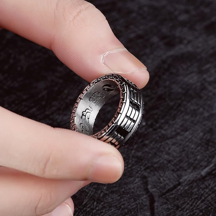 Rockyu メンズ ステンレスリング 六字真言デザイン 透かし彫り 8mm幅