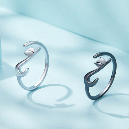 Rockyu 猫リング レディース シルバー925 フリーサイズ シンプル 可愛い ネコモチーフ 金属アレルギー対応