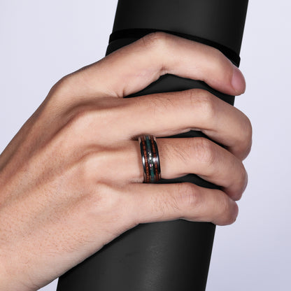 Rockyu メンズリング 幅広 8mm タングステン アワビシェル & 木目インレイ 男女兼用