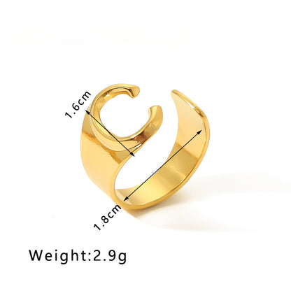 Rockyu イニシャルリング A〜Z選べる 太めゴールド フリーサイズステンレス指輪