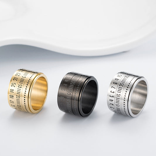 Rockyu 回転式ステンレスリング メンズ ローマ数字＆日付デザイン