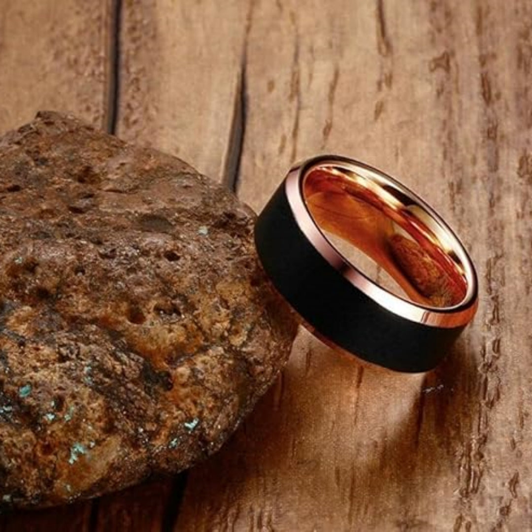 Rockyu タングステンリング メンズ マットブラック×ローズゴールド 8mm幅リング