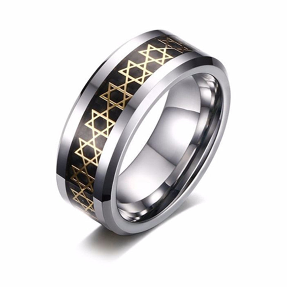 Rockyu タングステンリング メンズ 8mm 幅広 カーボンファイバー×ゴールド 六芒星デザイン